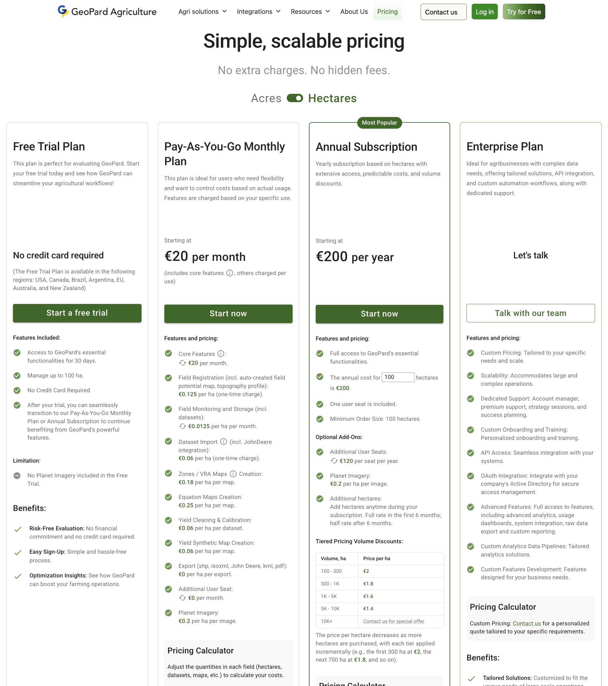 GeoPard Precision Agriculture mapping Pricing. GeoPard Self Sign Up Pricing page. Free Trial, Pay-as-you-go monthly, Annual Subscription and Enterprise Plans (API, custom automated workflows) 
